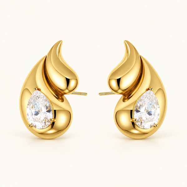Atolea Earrings – sculptural gold earrings with pear-cut zircon