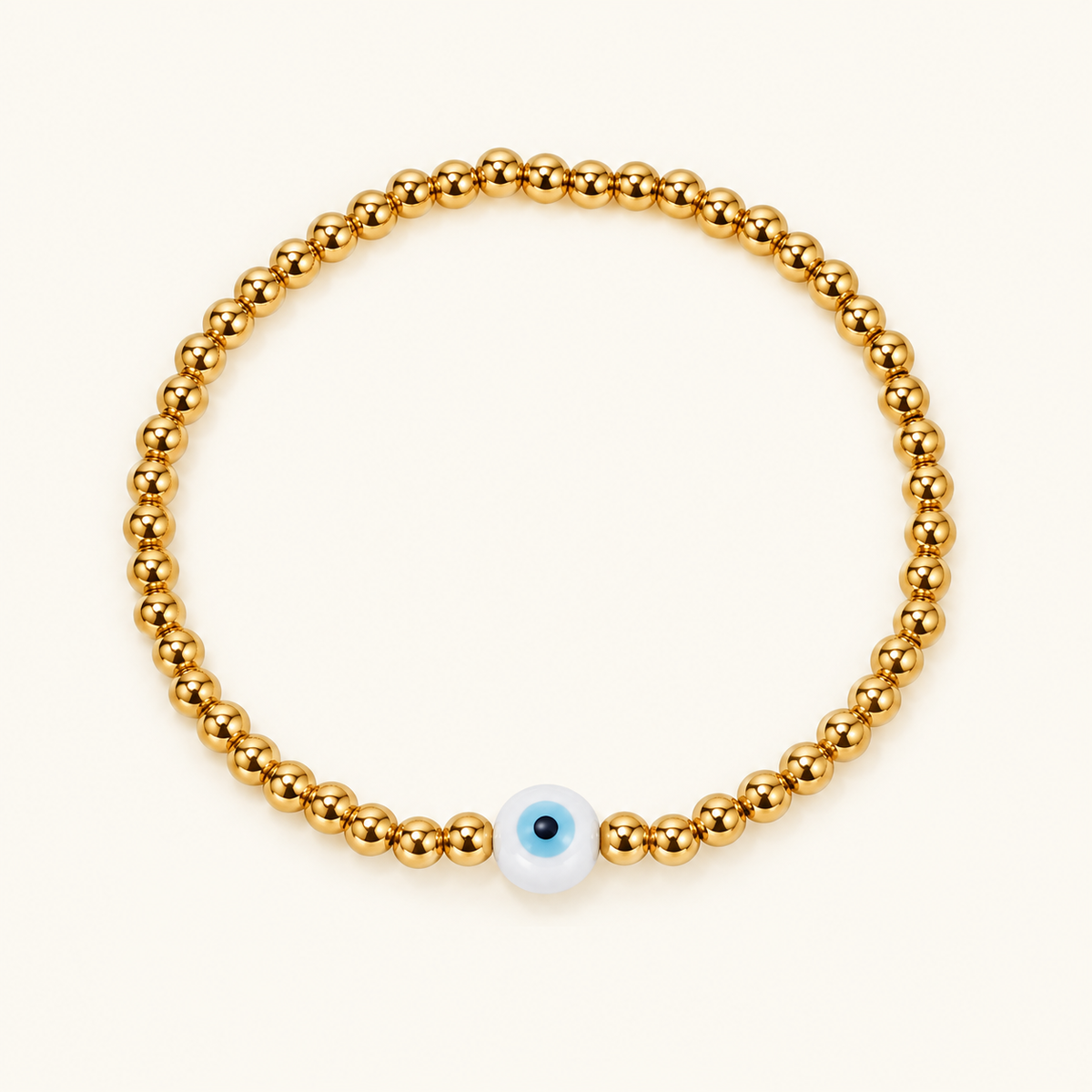 Beaded Evil Eye Bracelet with gold beads and a white and blue evil eye bead