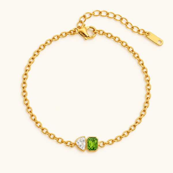 Dual gem Bracelet with clear and green stones on a gold-tone chain