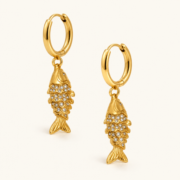 Fish hoops with gold-tone fish charms and clear stone details