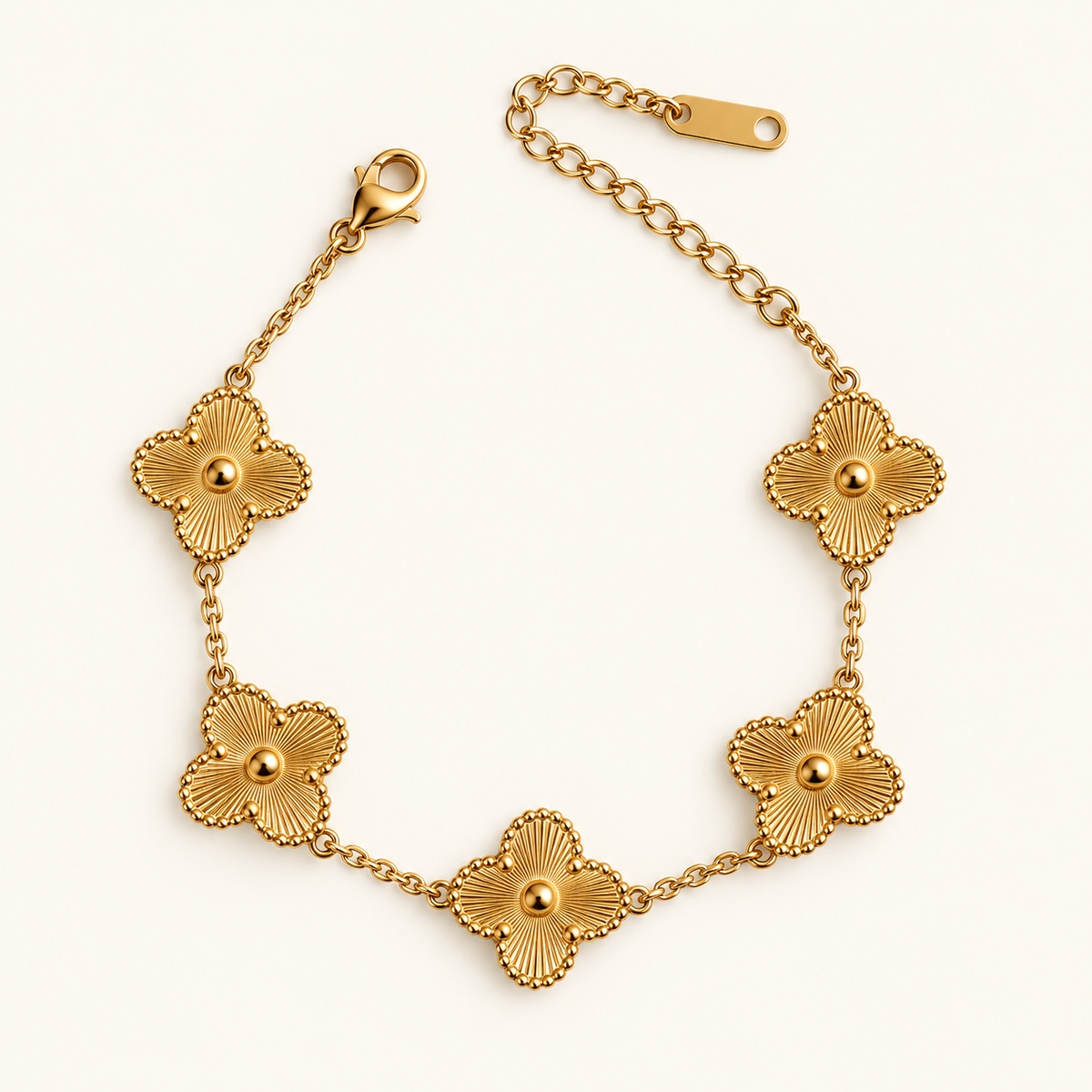 Gold Flower Bracelet with five engraved four-petal flower stations