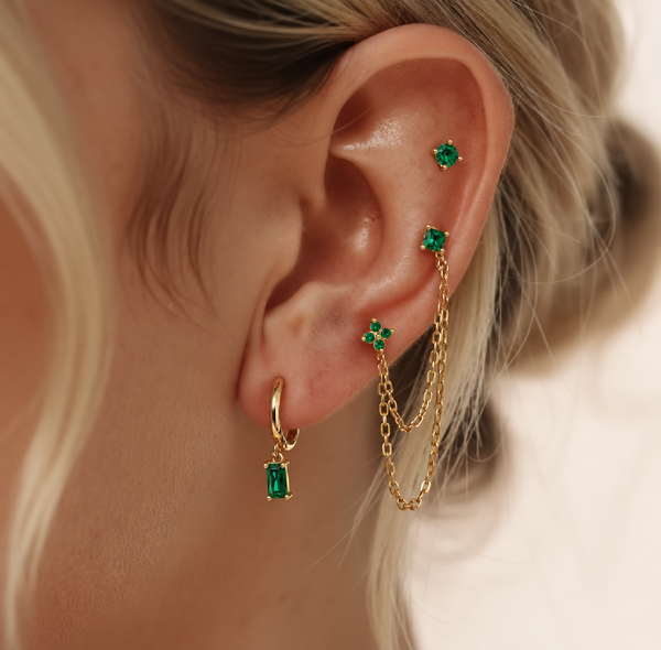 Green Gleam Earring Set styled on ear