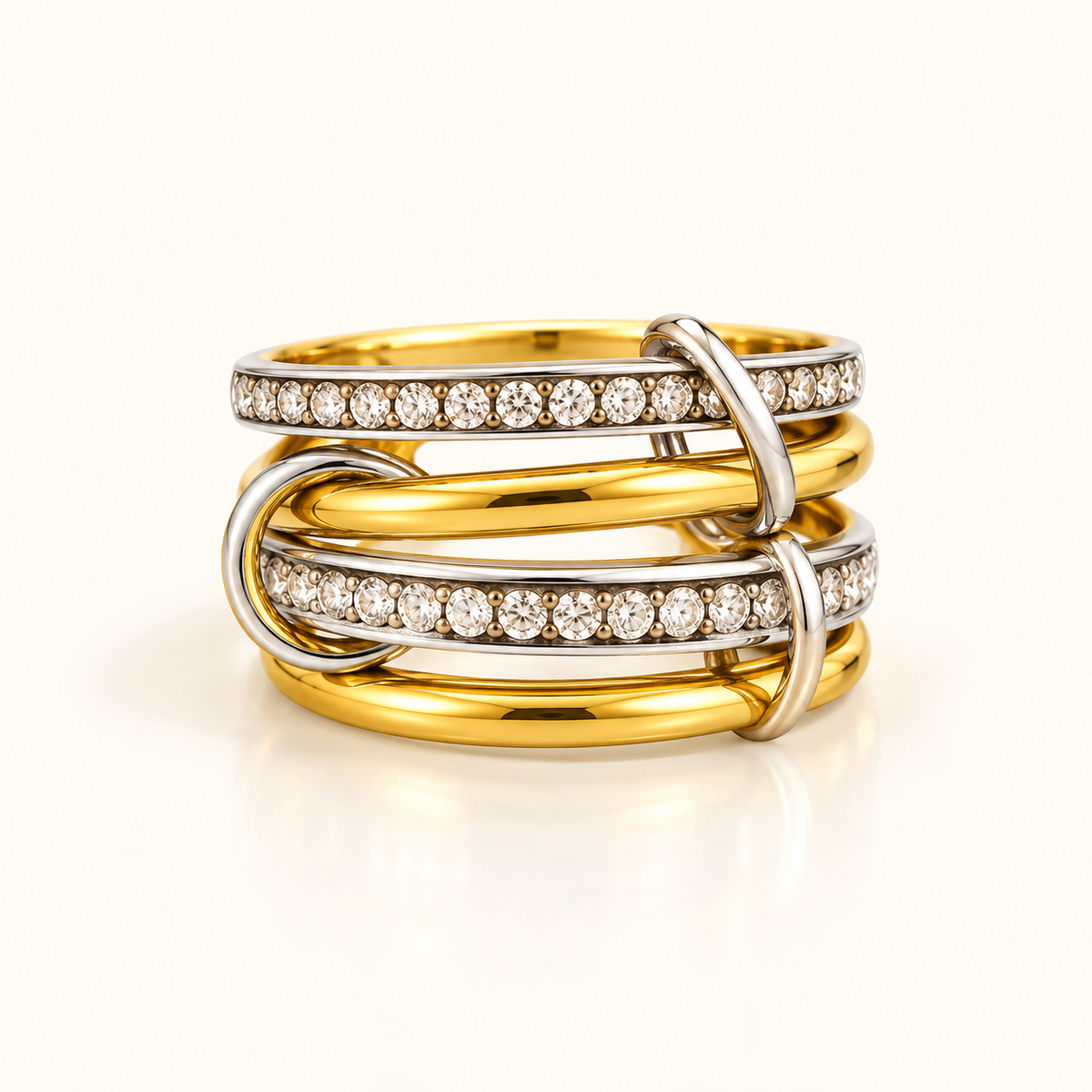 Luxury Interlinked Ring in gold and silver with zircon details