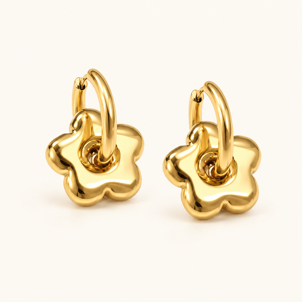 Gold puffy flower hoop earrings