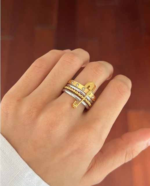 Athena Jewels Safety Pin Quad Ring worn on a hand
