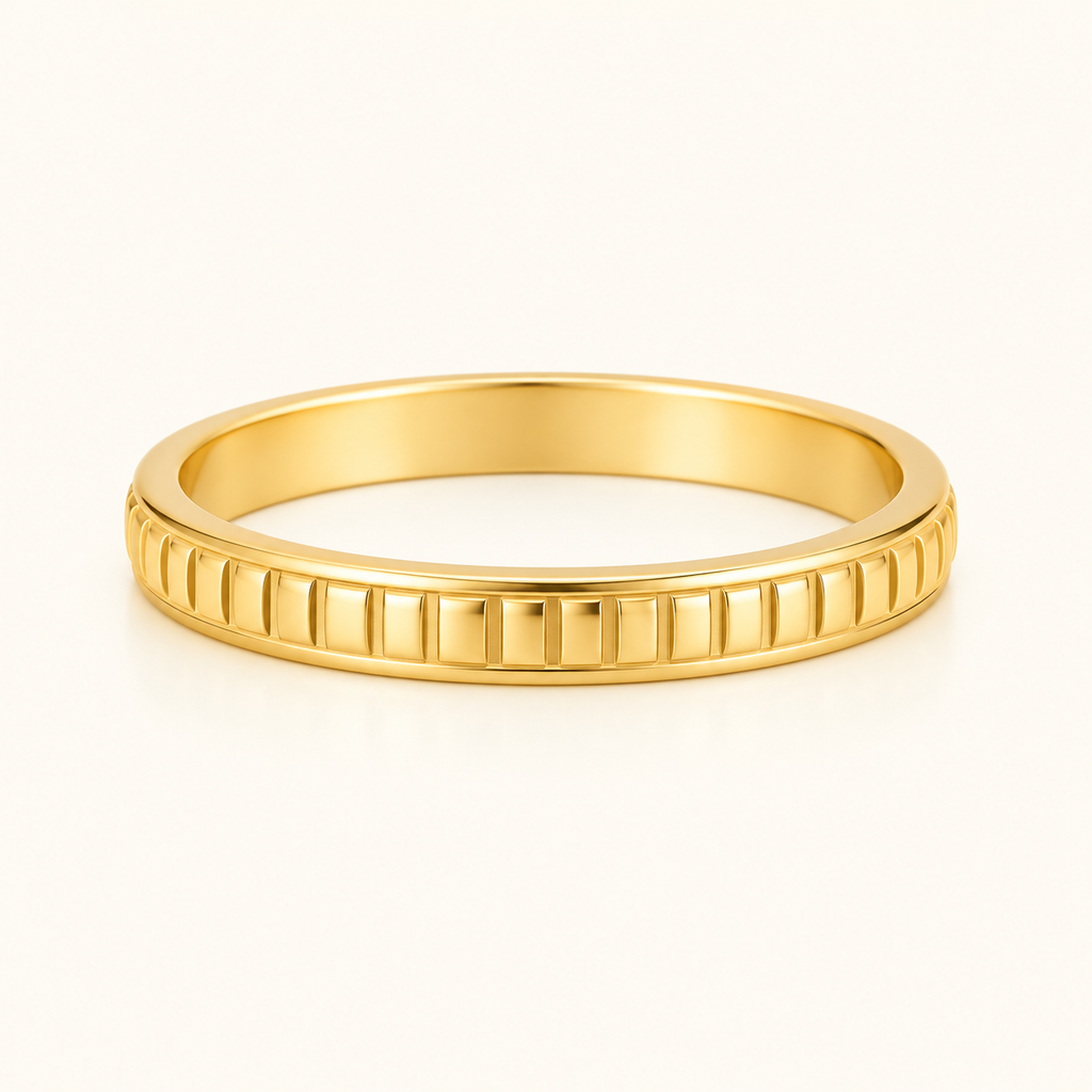 Gold-tone Textured Relief Ring with repeating ridged detailing, viewed from a low front angle