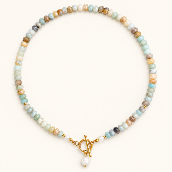 Zara Stone Necklace with pastel natural stones and gold toggle clasp