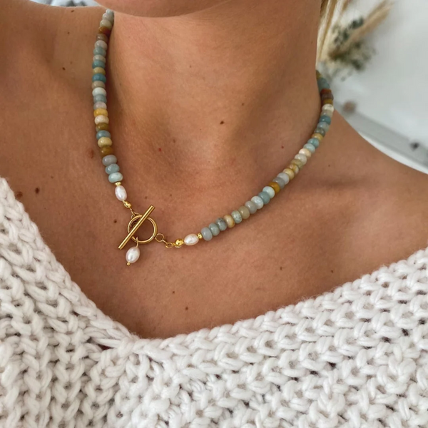 Zara Stone Necklace worn with multicolour natural stones and gold toggle clasp