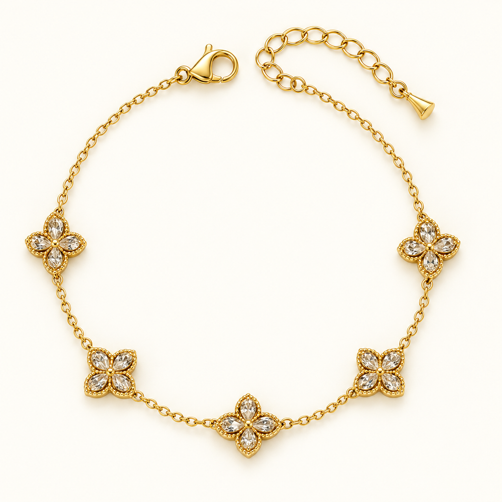 Zircon Wildflower Bracelet with five clear four-petal flowers on a gold-tone chain