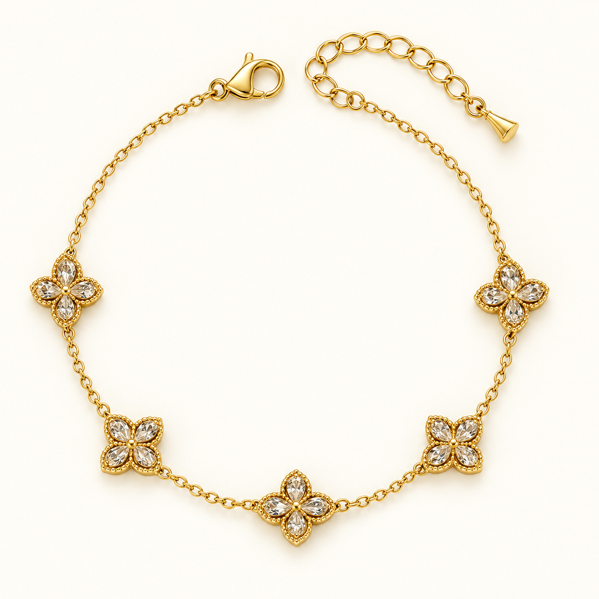 Zircon Wildflower Bracelet with five clear four-petal flowers on a gold-tone chain